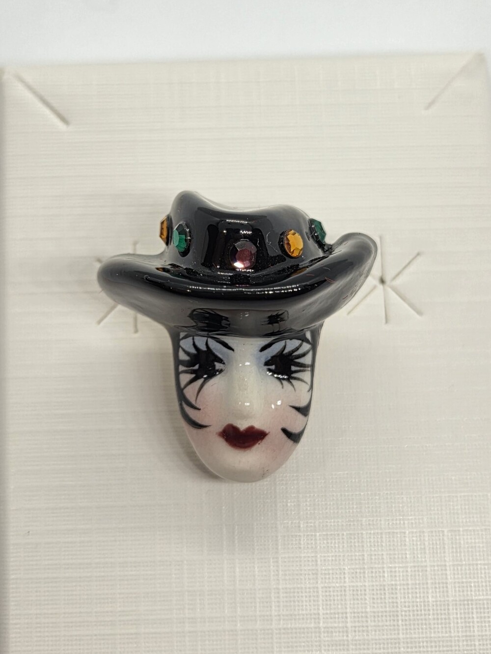 Vintage Fancy Faces Brooch Pin Handpainted Porcelain Mask with Rhinestones